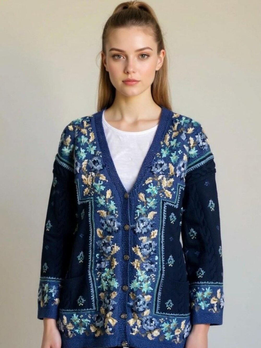Laura Ashley Vintage 100% Wool Blue Floral Cottagecore Cardigan Sweater Large